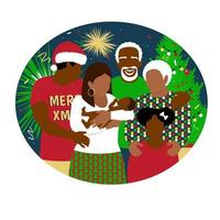Happy african american family celebrate christmas holidays. New year and merry christmas party at home. Grandfather, grandmother together with children. Fireworks,  tree background. vector