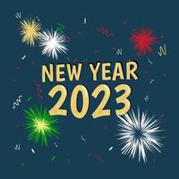 Golden stylized inscription New Year 2023. Card, banner, social network template. Bright textural letters with reflections. Colorful fireworks on the background. vector