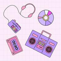 Music Set 90's in Pop Art Style. Vector Illustration Music Player, Headphones, Audio Cassette, CD Disk, Microphone, Boombox for Stickers, Logos, Prints, Patches and Social Media