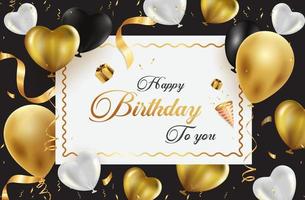vector feliz cumpleaños 3d globo realista dorado y confeti blanco negro. para tarjeta de felicitación. diseño de pancartas de fiesta