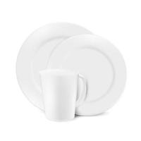 Kitchen household cutlery clean cup and white ceramic plates. Isolated empty service front view.