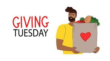 Giving Tuesday, illustration of a man making a donation. Vector cartoon doodle flat banner for social media