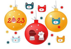 Vector cartoon doodle set of christmas ball with cute cats . New year greeting cards. Funny  pets with holiday hats and presents.