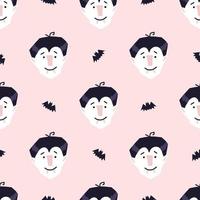 Vampire Halloween seamless pattern, cartoon vector illustration. Cheerful smiling vampire head with fangs and bat on pink background. Childish pattern, great for wrapping paper.