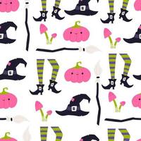 Halloween witch seamless pattern, cartoon flat vector illustration. Cute Halloween background with funny pumpkin, witches legs with boots and stockings, broom and hat.