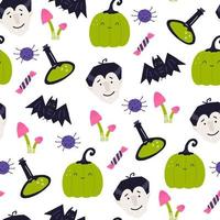 Cute halloween seamless pattern with vampire, funny pumpkin, bat and candies - cartoon vector illustration. Colorful childish background for Halloween celebration, great for wrapping paper.