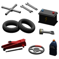 3D-gerenderter Automechaniker-Satz umfasst Reifen, Lenkrad, Öl. Batterie, Schraubenschlüssel, Wagenheber, Kolben perfekt für Designprojekte png