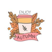 Autumn composition with hand lettering Enjoy Autumn. A thermos cup on a cool autumn day. Leaves of maple, oak and ash. Ideal for autumn card, banner, poster.