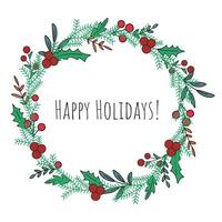 Happy holidays christmas round wreath with berries, foliage and holly vector