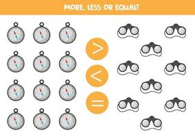 More, less or equal with cartoon binoculars and compass. vector