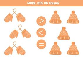 More, less or equal with cartoon mittens and hats. vector