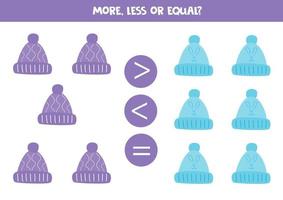 More, less or equal with cartoon colorful hats. vector