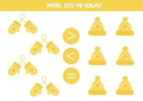 More, less or equal with cartoon yellow mittens and hats. vector