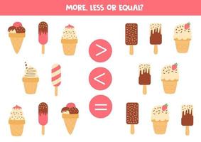 More, less or equal with cartoon ice creams. vector