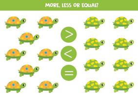 More, less or equal with cute colorful turtles. vector