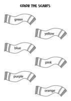 Read names of colors and color scarfs. Educational worksheet. vector