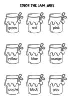 Read names of colors and color jam jars. Educational worksheet. vector