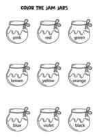 Read names of colors and color jam jars. Educational worksheet. vector