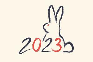 Vector caligraphy of 2023 and bunny like symbol new year. New year 2023. Hand drawing lettering with rabbit