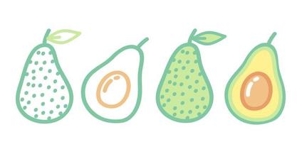 Vector set icons of avocado. Vector illustration of avocado. Hand drawing vegetables.