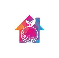 plantilla de logotipo de concepto de forma de casa de hojas de golf. pelota de golf y hojas, pelota de golf y logo deportivo vector