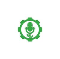 plantilla de diseño de logotipo de concepto de forma de engranaje de podcast de hoja. vector de plantilla de logotipo de podcast de naturaleza. logotipo de la naturaleza del podcast.