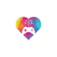 Game and tech tree heart shape concept logo design template. Gaming and leaf logo design template. vector