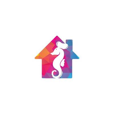Seafood home shape concept Logo. Seahorse Chef Knife Fork and Spoon Symbol Illustration. Chef and seahorse logo design template