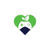 Game and leaf heart shape concept logo design template. Gaming and leaf logo design template. vector