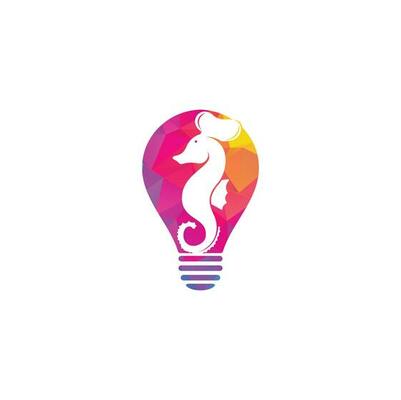 Seafood bulb shape concept Logo. Seahorse Chef Knife Fork and Spoon Symbol Illustration. Chef and seahorse logo design template