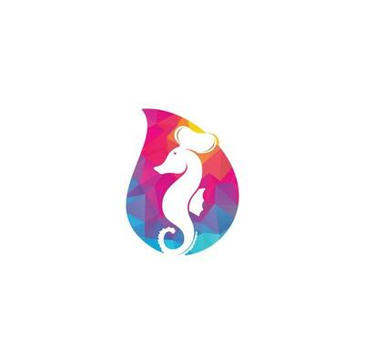 Seafood drop shape concept Logo. Seahorse Chef Knife Fork and Spoon Symbol Illustration. Chef and seahorse logo design template