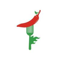 chile caliente con diseño de logotipo de tenedor. plantilla de logotipo de chili y tenedor adecuada para comida picante, menú de restaurante. vector