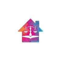 Law education home shape concept logo design. Vector Libra and open book logo combination.