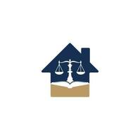 Law education home shape concept logo design. Vector Libra and open book logo combination.