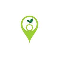 Gear leaf map pin shape concept vector logo design. Green eco energy, technology and industry.