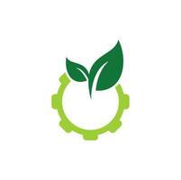 Gear leaf vector logo design. Green eco energy, technology and industry.