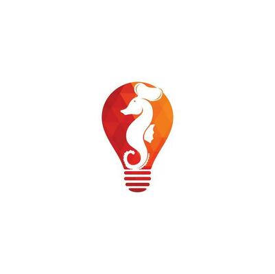 Seafood bulb shape concept Logo. Seahorse Chef Knife Fork and Spoon Symbol Illustration. Chef and seahorse logo design template