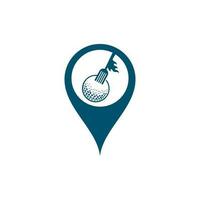 plantilla de diseño de logotipo de concepto de forma de pin de mapa de golf y tenedor. vector de diseño de logotipo de restaurante de golf