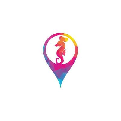 Seafood map pin shape concept Logo. Seahorse Chef Knife Fork and Spoon Symbol Illustration. Chef and seahorse logo design template