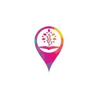 diseño de logotipo de concepto de forma de pin de mapa de árbol tecnológico y libro. vector de diseño de logotipo de tecnología de educación