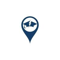 Flash education cap map pin shape concept vector logo template. Thunder and hat symbol icon