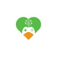 Game and tech tree heart shape concept logo design template. Gaming and leaf logo design template. vector