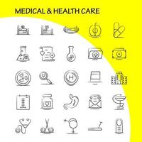 icono dibujado a mano de atención médica y de salud para impresión web y kit de uxui móvil, como matraz, señal de hospital, médico, medicina médica, datos, ventilador, paquete de pictogramas, vector