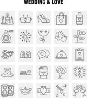 iconos de línea de boda y amor establecidos para infografía kit uxui móvil y diseño de impresión incluyen portapapeles corazón amor texto fuegos artificiales fuego amor boda conjunto de iconos vector