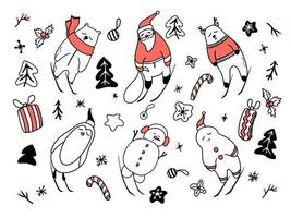personajes navideños doodle ilustración vectorial dibujada a mano. santa claus, renos, muñecos de nieve, pingüinos, osos polares y hombres de pan de jengibre. conjunto de elementos de diseño de vacaciones.