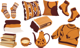 Cute and cozy design elements for the autumn. Pillow, teapot, sweater, socks, scarf, books, tea cup, and a set of books png