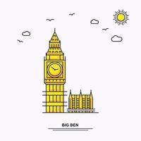 fondo de ilustración amarilla de viaje mundial de plantilla de póster de monumento de big ben en estilo de línea con escena de naturaleza de belleza vector