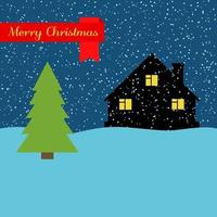 Winter night with lonely house and falling snow and a red ribbon with the inscription Happy Christmas. Vector illustration.