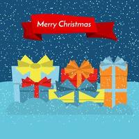 cajas de regalo en la nieve y la nieve que cae y una cinta roja con la inscripción feliz navidad. ilustración vectorial vector