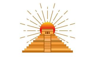 Maya pyramid icon with sacred sun. Temple of Kukulcan, El Castillo pyramid in Chichen Itza flat design, ancient Mayan sacred architecture in Yucatan, Mexico. Vector isolated on white background